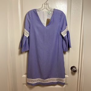 Jade, women’s size small, blue stripped v-neck lace trim dress